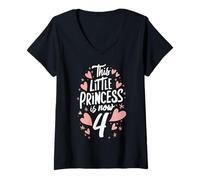 Femme 4. Anniversaire Cette Petite Princesse a Maintenant 4 Ans Hearts T-Shirt avec Col en V