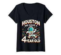 Femme 4. Anniversaire Houston We Have A 4 Year Old Astronaute Space T-Shirt avec Col en V
