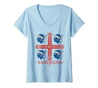 Femme 4 Drapeau de l'île de la Sardaigne Bleu Mori T-Shirt avec Col en V