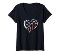 Femme 4 juillet American Patriotic Fighter Jets Drapeau USA Cœur T-Shirt avec Col en V