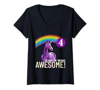 Femme 4 Years of Being Awesome Licorne Party Party Girls 4 Ans T-Shirt avec Col en V