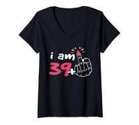Femme 40 Ans Femme Rebelle Humour Fête 40e Anniversaire Âge 39+1 T-Shirt avec Col en V, Noir, XXL
