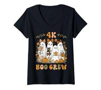 Femme 4K Boo Crew Preppy Halloween Floral Fantôme Enseignant Femme Fille T-Shirt avec Col en V