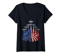 Femme 4th of July Warbirds Fighter Planes American Aircraft Flag T-Shirt avec Col en V