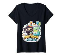 Femme 5 Ans Anniversaire Ninja Boys Five 5th Fifth Kids Party Fun T-Shirt avec Col en V