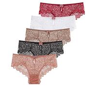Femme 5 Pcs Ensemble Slip Dentelle Caleçon Doux Confortable Taille Basse Noir + Blanc + Rouge Brique + Rouge Bourgogne + Curry S