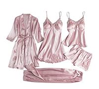 Femme 5 Pièces Satin Pyjama Set, Dentelle Kimono Robe Pyjama Set, Sexy Négligé Short et Pantalon Long Chemise de Nuit 5pièces, avec Coussinets de Sein Ensemble Chemise De Nuit Femme