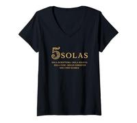 Femme 5 SOLAS - Cinq Solas de la Réforme Chrétienne - Vintage T-Shirt avec Col en V