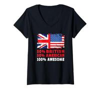 Femme 50% Half British Half American 100% Awesome UK Flag T-Shirt avec Col en V