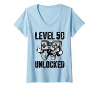 Femme 50th Birthday Anniversary 50 Years Gamers Niveau 50 débloqué T-Shirt avec Col en V