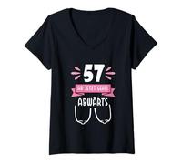 Femme 57 À Partir D’Ici Ça Descend T-Shirt Anniversaire Drôle T-Shirt avec Col en V
