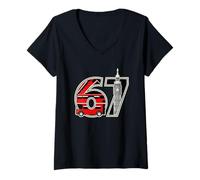 Femme 67 Bus Rouge Big Ben London Numéro Design T-Shirt avec Col en V