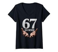 Femme 67 Funny Six Seven 6 7 Meme Gen Alpha Teens Slang 6 7 Hands T-Shirt avec Col en V