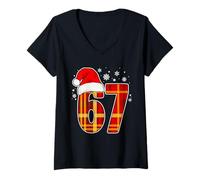 Femme 67 Meme Funny Christmas Red and Orange Plaid Xmas Pajamas T-Shirt avec Col en V
