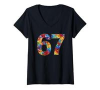 Femme 67 Meme Mosaïque vitrail drôle Six Pierres de Couleur T-Shirt avec Col en V