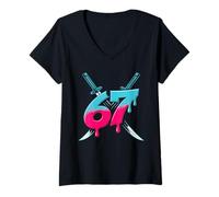 Femme 67 mème samouraï Funny Six Seven Alpha Slang T-Shirt avec Col en V