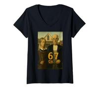 Femme 67 mèmes, Art Gothique américain, Argot Alpha de Six et Sept générations T-Shirt avec Col en V