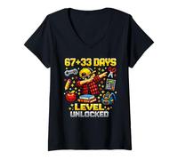 Femme 67 Six Sept Enseignants du 100e Jour, élève, 100 Jours d'école T-Shirt avec Col en V