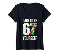 Femme 67 Six Seven Dare to Be Yourself Autism Awareness T-Shirt avec Col en V