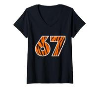 Femme 67 Tiger Stripe Number Wild Cat Design Graphique Audacieux T-Shirt avec Col en V