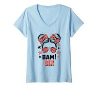 Femme 6ème Anniversaire Fille Messy Bun Bäm! Six Ans T-Shirt avec Col en V