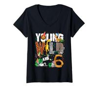Femme 6ème anniversaire Young Wild et je suis 6 Safari Jungle Animal T-Shirt avec Col en V
