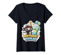 Femme 7 Ans Anniversaire Ninja Boys Seven 7th Seventh Kids Party T-Shirt avec Col en V