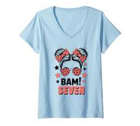 Femme 7ème Anniversaire Fille Messy Bun Bäm! Sept Ans T-Shirt avec Col en V