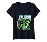 Femme 7ème Anniversaire I Was 6 Now I'm 7 Six Seven 67 Space Alien UFO T-Shirt avec Col en V