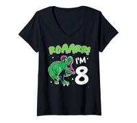 Femme 8. Anniversaire Roaarr J'Ai 8 Ans, Anniversaire d'un Dinosaure T-Shirt avec Col en V