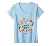 Femme 80 Years Loved Floral 80th Birthday Design for Mom Grandma T-Shirt avec Col en V