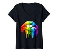 Femme 80's Sexy Colorful Graphic Lips, Women Printed Design Lips T-Shirt avec Col en V