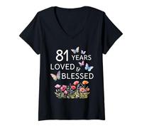 Femme 81 Ans d'amour pour Les Femmes, Une Fleur bénie et Un Papillon, 81e Anniversaire T-Shirt avec Col en V
