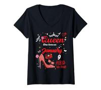 Femme 9 Janvier Anniversaire Cette Reine est née Le 9 Janvier T-Shirt avec Col en V