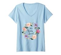 Femme 90 Years Loved 90th Birthday Floral 90 Years Loved Women T-Shirt avec Col en V