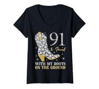 Femme 91 Ans et Proud with My Boots on The Ground T-Shirt avec Col en V