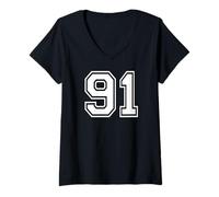 Femme 91, numéro Quatre-Vingt-Onze, Sports d'équipe, Correspondance Graphique, Varsity T-Shirt avec Col en V