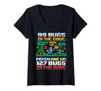 Femme 99 Bugs Code Matrix, programmateur rétro, débogage, Graphique en Pixels T-Shirt avec Col en V