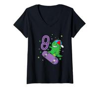 Femme 9e Anniversaire Dinosaure sur Skateboard garçon T-Shirt avec Col en V
