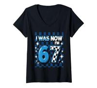 Femme à Carreaux Bleus, J'avais 6 Ans, Maintenant j'en AI 7 Ans T-Shirt avec Col en V