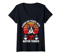 Femme A Good Day Starts with Coffee and A Boston Terrier Dog T-Shirt avec Col en V