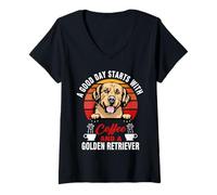 Femme A Good Day Starts with Coffee and A Golden Retriever Dog T-Shirt avec Col en V