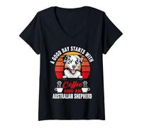 Femme A Good Day Starts with Coffee and Australian Shepherd Dog T-Shirt avec Col en V