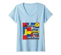 Femme À la Poursuite de Jésus et des Tout-Petits, Art Moderne chrétien Amusant T-Shirt avec Col en V