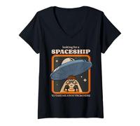 Femme À la Recherche d'un Vaisseau Spatial Extraterrestre OVNI Graphique drôle T-Shirt avec Col en V