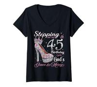 Femme À l'approche de Mon 45e Anniversaire avec la grâce et la miséricorde de Dieu T-Shirt avec Col en V