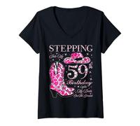 Femme À l'approche de Mon 59e Anniversaire avec Mes Bottes au Sol T-Shirt avec Col en V