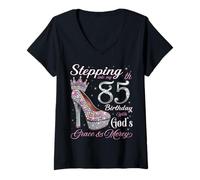 Femme À l'approche de Mon 85e Anniversaire avec la grâce et la miséricorde de Dieu T-Shirt avec Col en V