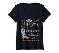 Femme À l'approche de Mon Anniversaire de Septembre avec la grâce et la miséricorde de Dieu T-Shirt avec Col en V