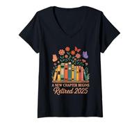 Femme A New Chapter Begins Retired 2025 Books Flowers T-Shirt avec Col en V